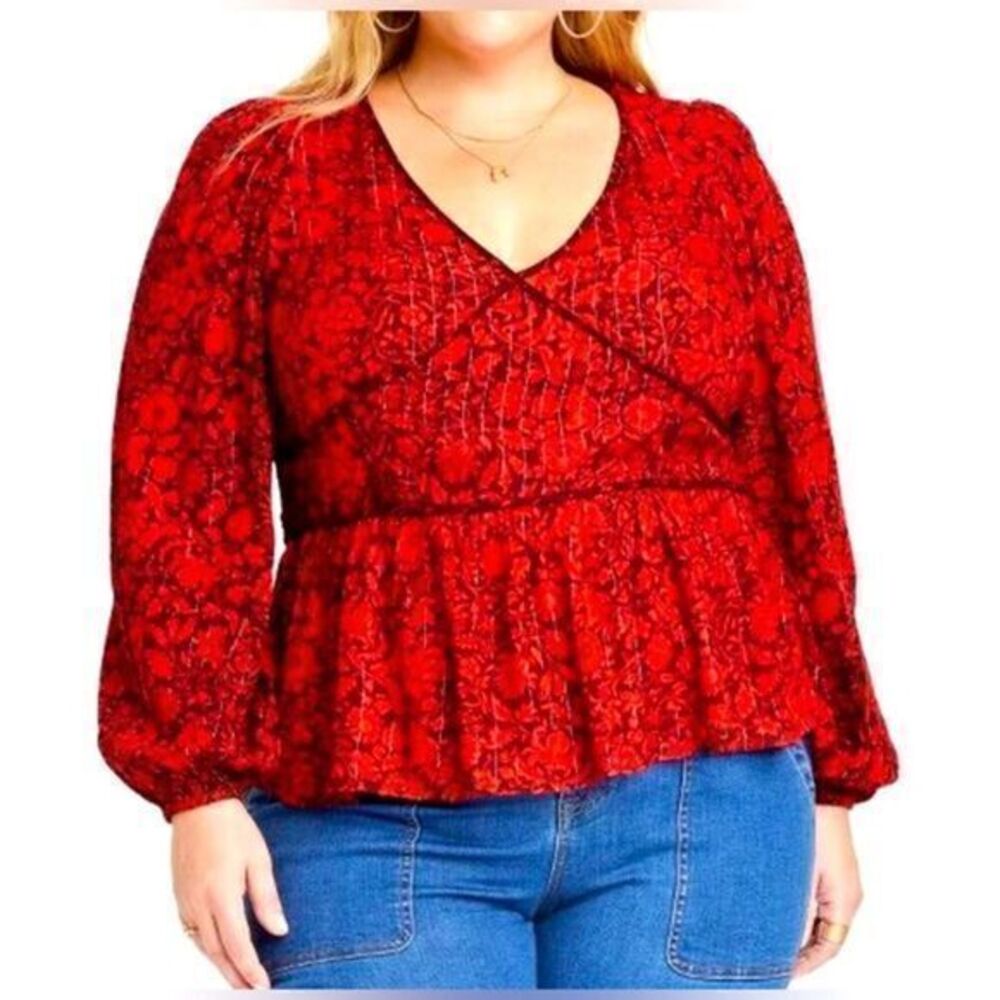 Knox Rose Women's Red V-Neck Long Sleeve Embroidered Blouse size‎ L
